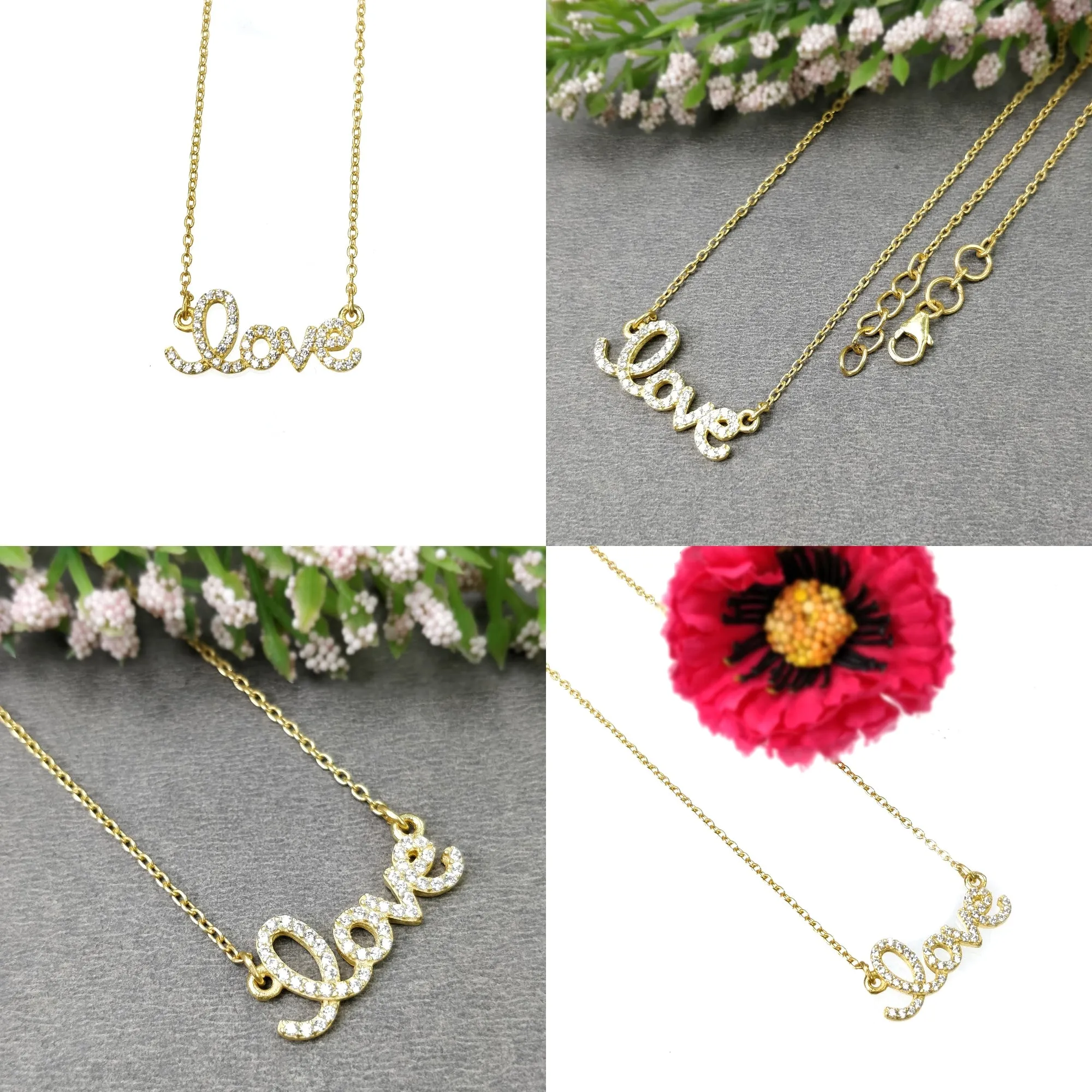 925 Sterling Silver Yellow Gold And Rose Gold Plating With CZ Micro Pave Setting Love Pendant With Chain Necklace 18" (With Video)