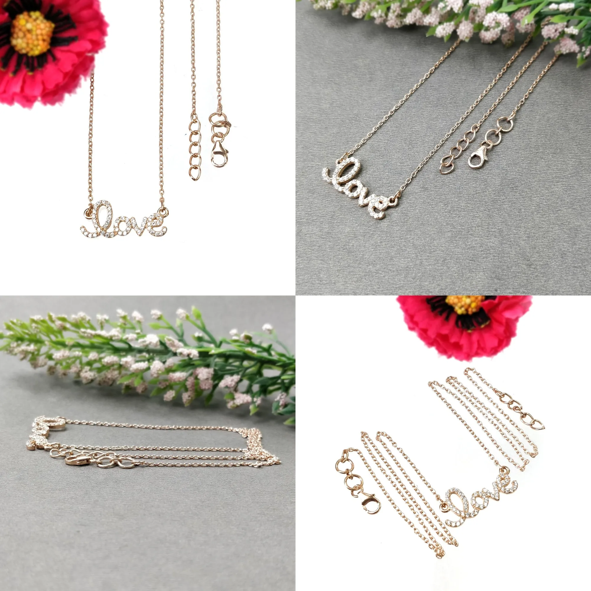 925 Sterling Silver Yellow Gold And Rose Gold Plating With CZ Micro Pave Setting Love Pendant With Chain Necklace 18" (With Video)