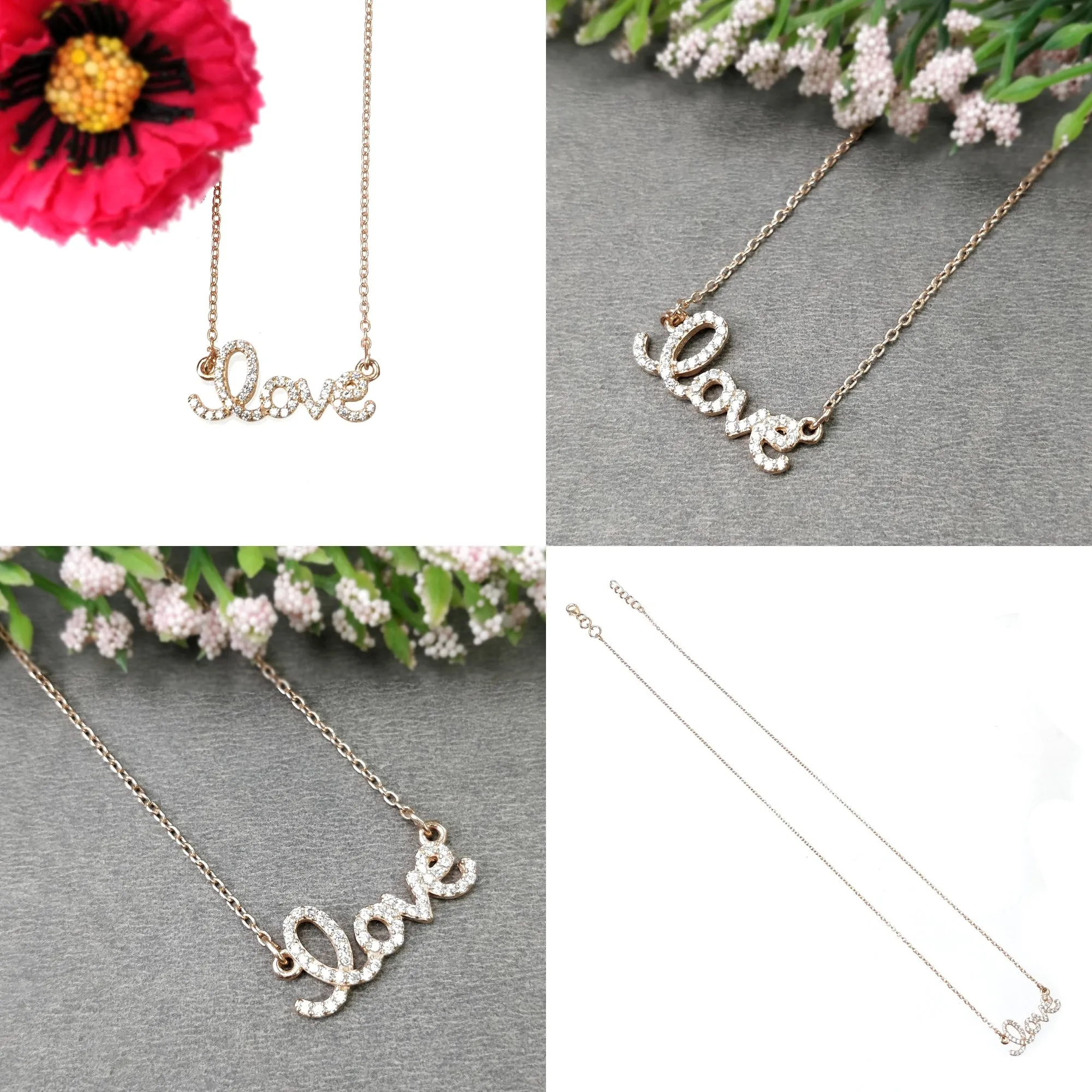 925 Sterling Silver Yellow Gold And Rose Gold Plating With CZ Micro Pave Setting Love Pendant With Chain Necklace 18" (With Video)