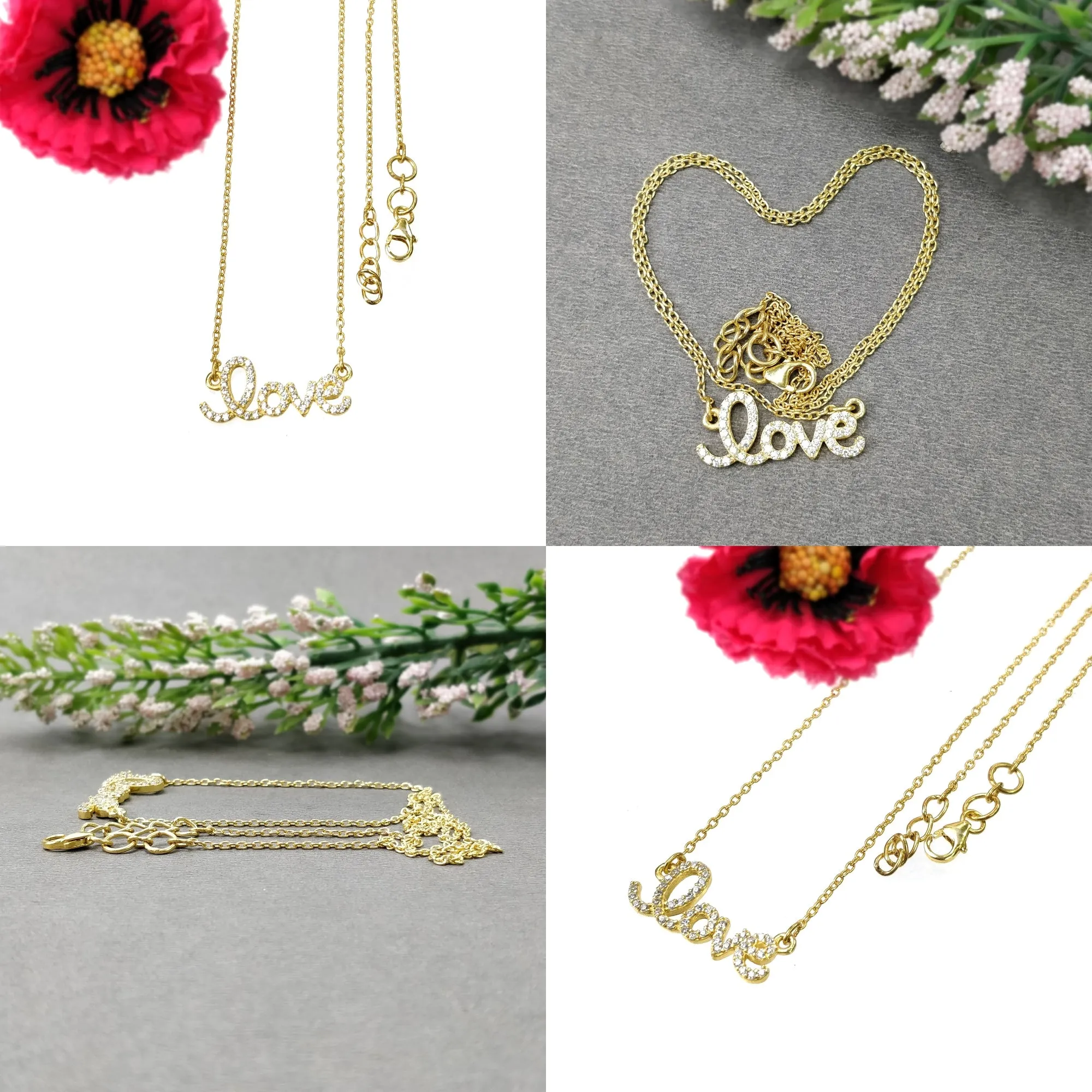925 Sterling Silver Yellow Gold And Rose Gold Plating With CZ Micro Pave Setting Love Pendant With Chain Necklace 18" (With Video)