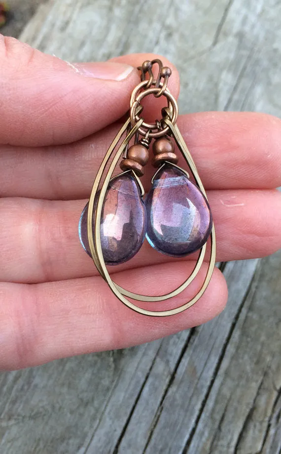 Blue Purple Iridescent Glass Teardrops with Hammered Copper Hoop
