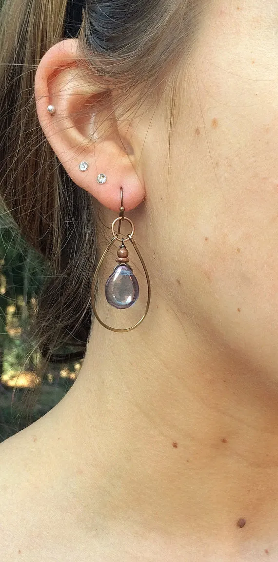 Blue Purple Iridescent Glass Teardrops with Hammered Copper Hoop