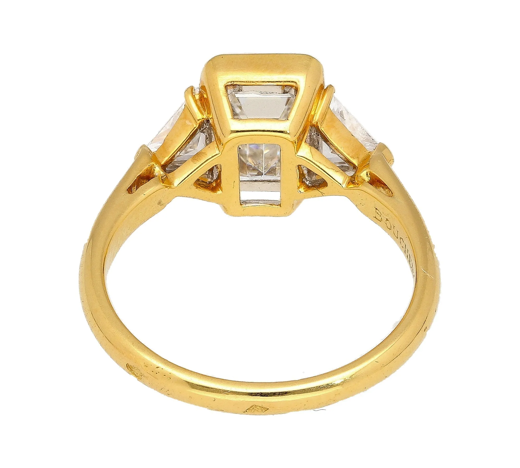 Boucheron Signed Ring With Bezel Set GIA Certified 2.09 Carat Emerald Cut E/SI1 Diamond and Trillion Side Stones