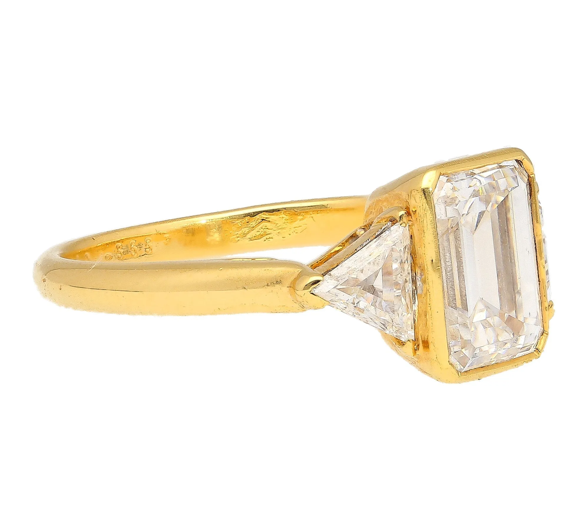 Boucheron Signed Ring With Bezel Set GIA Certified 2.09 Carat Emerald Cut E/SI1 Diamond and Trillion Side Stones