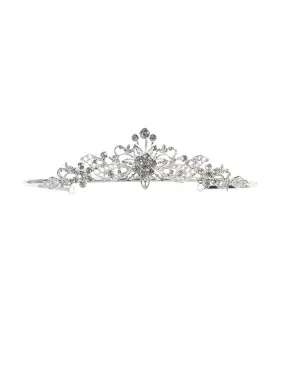 Girls Silver Tone Crystal Adorned Center Floral Accent Flower Girl Pageant Tiara