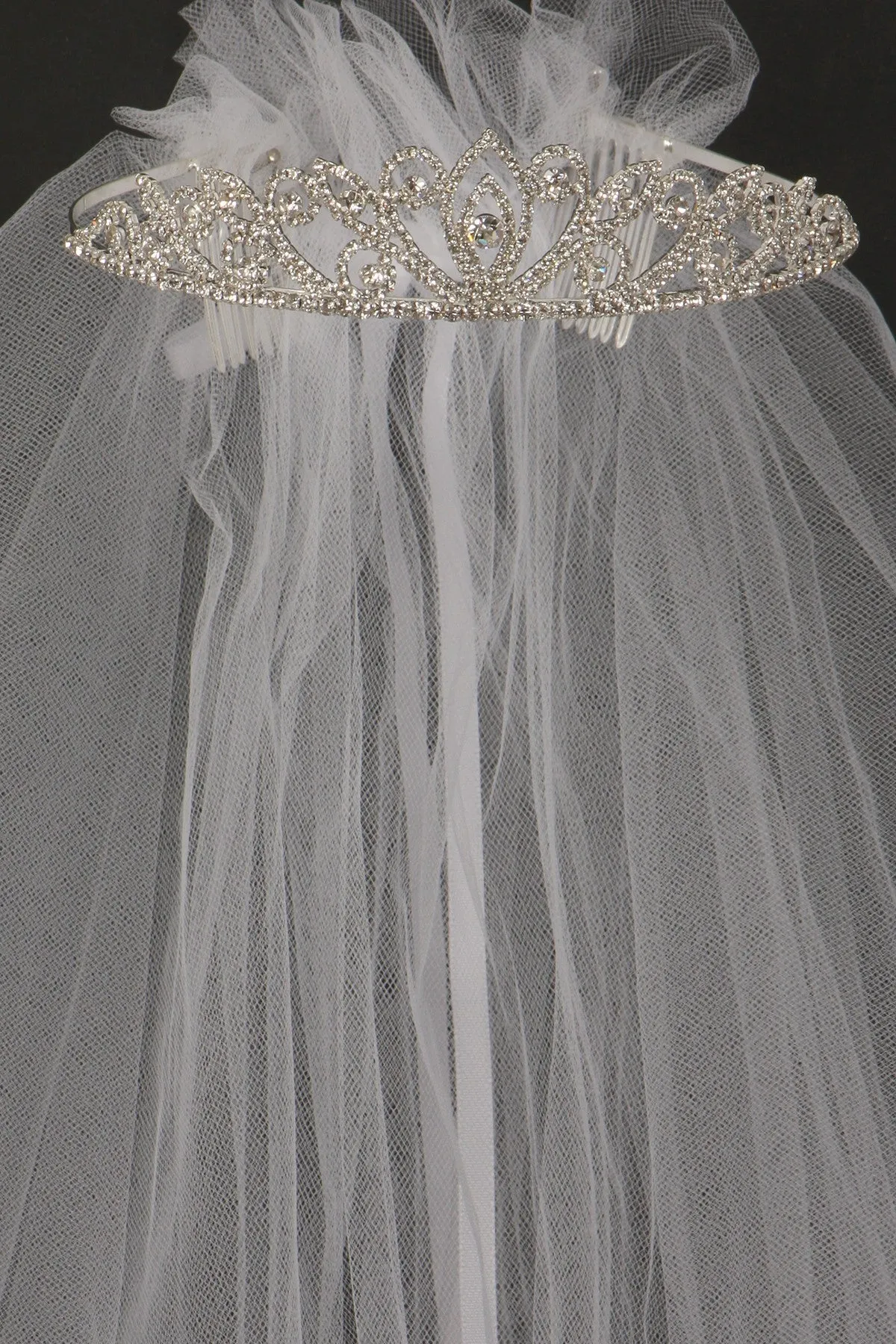 Girls White Rhinestone Tiara Communion Flower Girl Veil