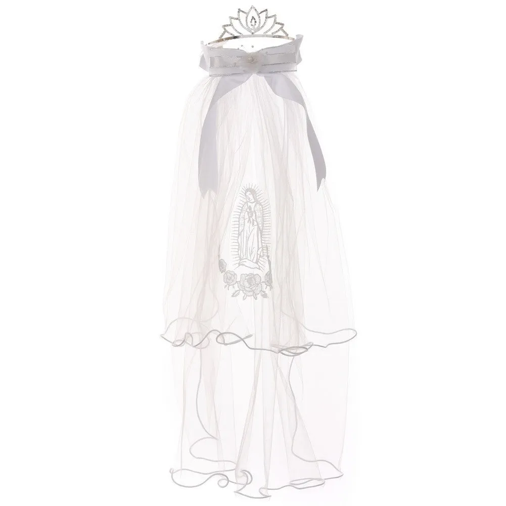 Girls White Virgin Mary Detail Communion Flower Girl Tiara Veil
