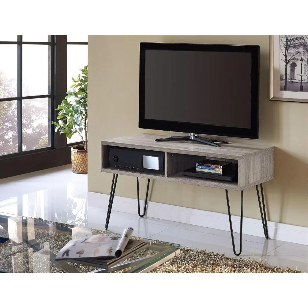 Modern TV Stand in Oak Finish with Mid-Century Style Metal Legs