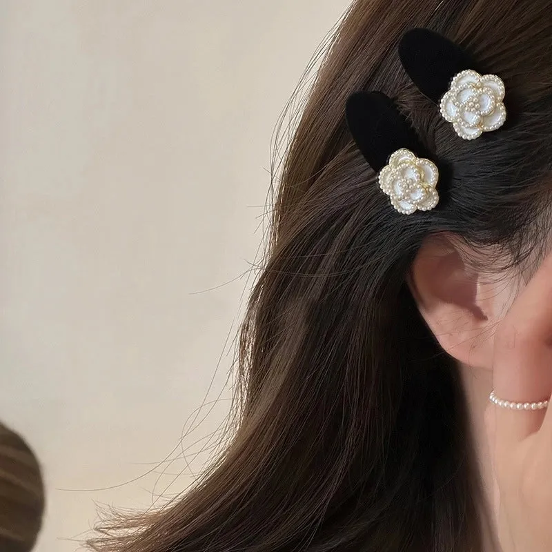 Pearl Camellia Hairpin Female Black Temperament Side Clip Bangs Clip Forehead Seamless Broken Hairpin Duckbill Clip Headdress