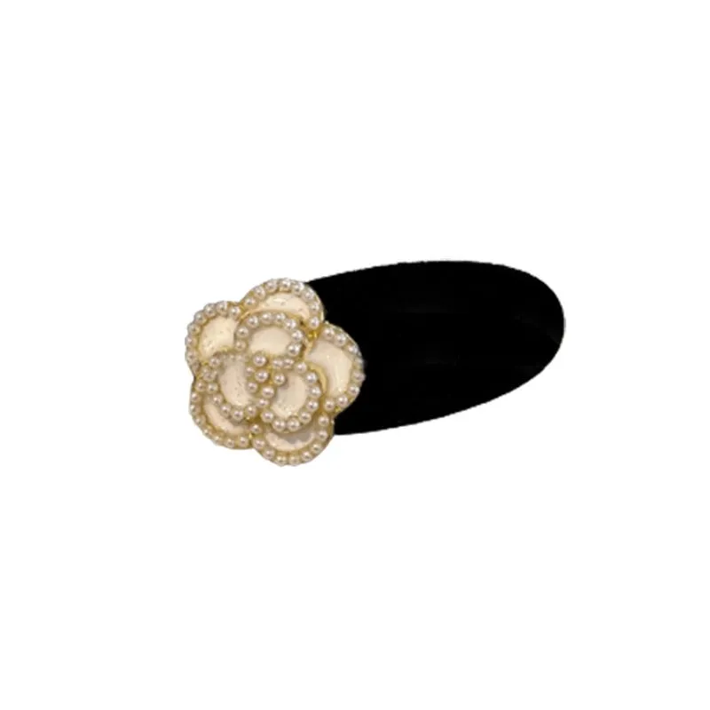 Pearl Camellia Hairpin Female Black Temperament Side Clip Bangs Clip Forehead Seamless Broken Hairpin Duckbill Clip Headdress