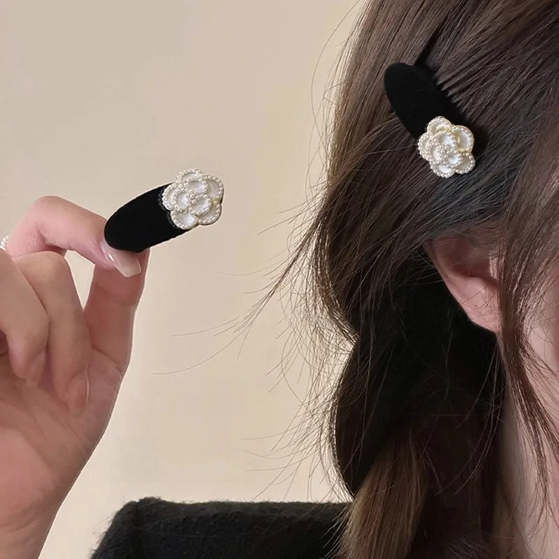 Pearl Camellia Hairpin Female Black Temperament Side Clip Bangs Clip Forehead Seamless Broken Hairpin Duckbill Clip Headdress