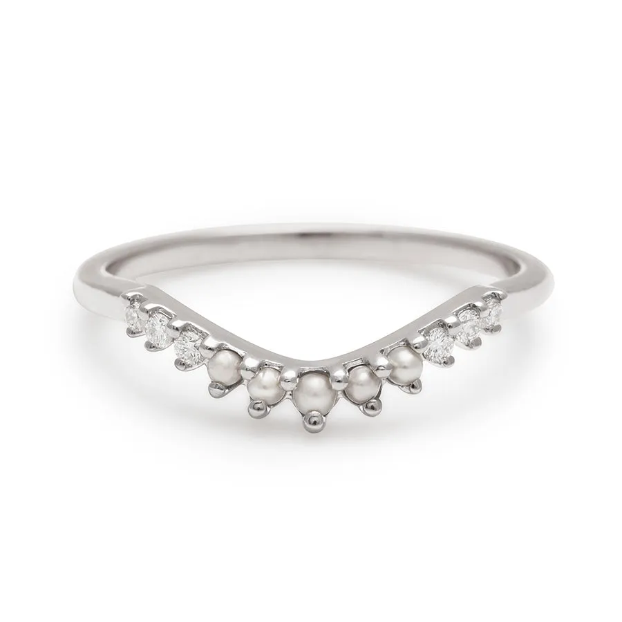 Petite Tiara Curve Band - 14k Gold, Seed Pearl & White Diamond