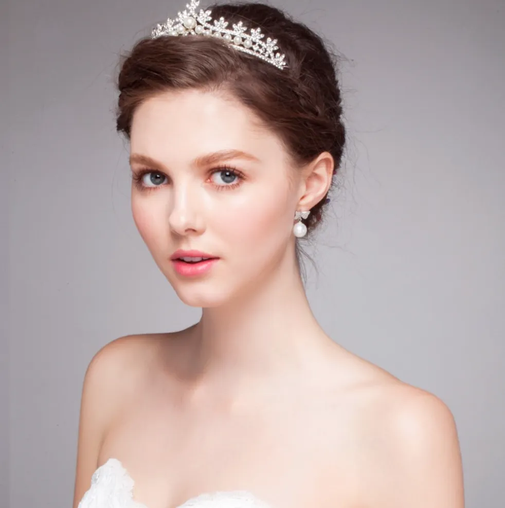 "Annie" - Silver Crystal and Pearl 3-Piece Bridal Jewelry Set With Half Tiara