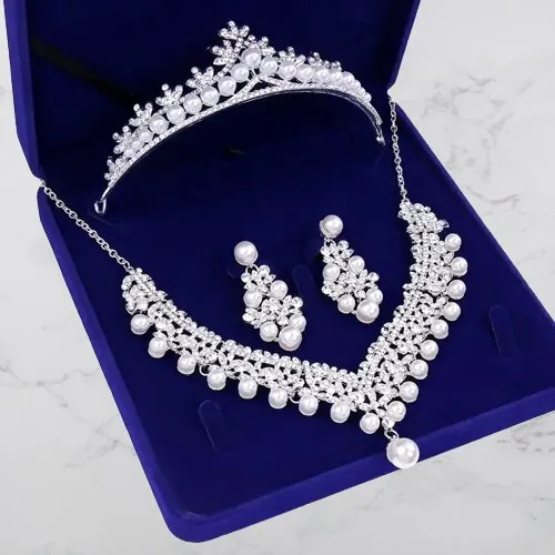 "Annie" - Silver Crystal and Pearl 3-Piece Bridal Jewelry Set With Half Tiara