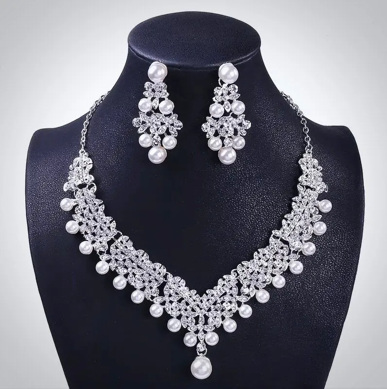 "Annie" - Silver Crystal and Pearl 3-Piece Bridal Jewelry Set With Half Tiara