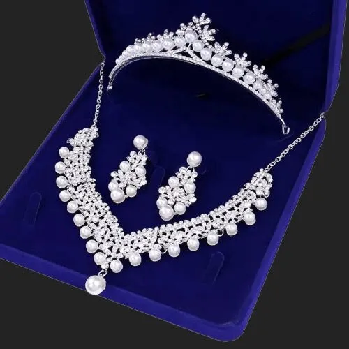 "Annie" - Silver Crystal and Pearl 3-Piece Bridal Jewelry Set With Half Tiara