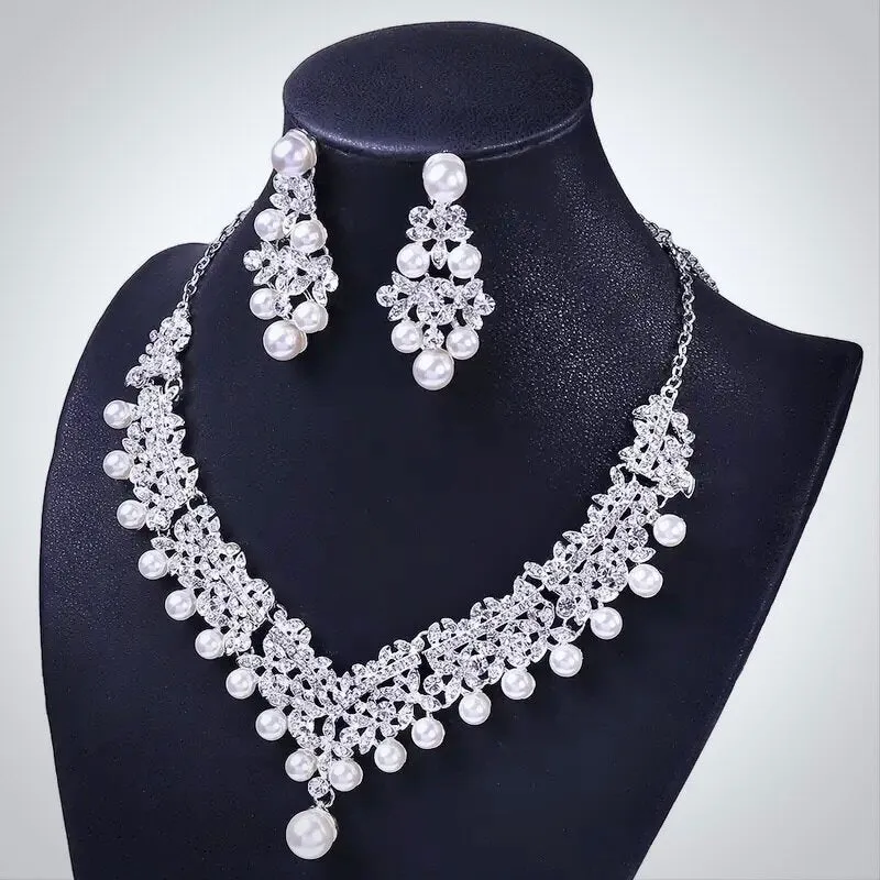 "Annie" - Silver Crystal and Pearl 3-Piece Bridal Jewelry Set With Half Tiara