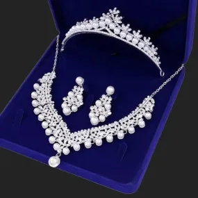 "Annie" - Silver Crystal and Pearl 3-Piece Bridal Jewelry Set With Half Tiara