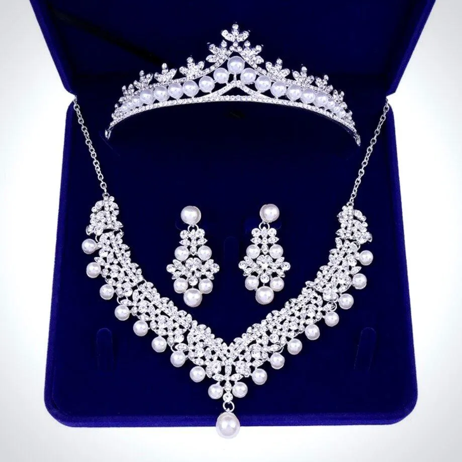 "Annie" - Silver Crystal and Pearl 3-Piece Bridal Jewelry Set With Half Tiara
