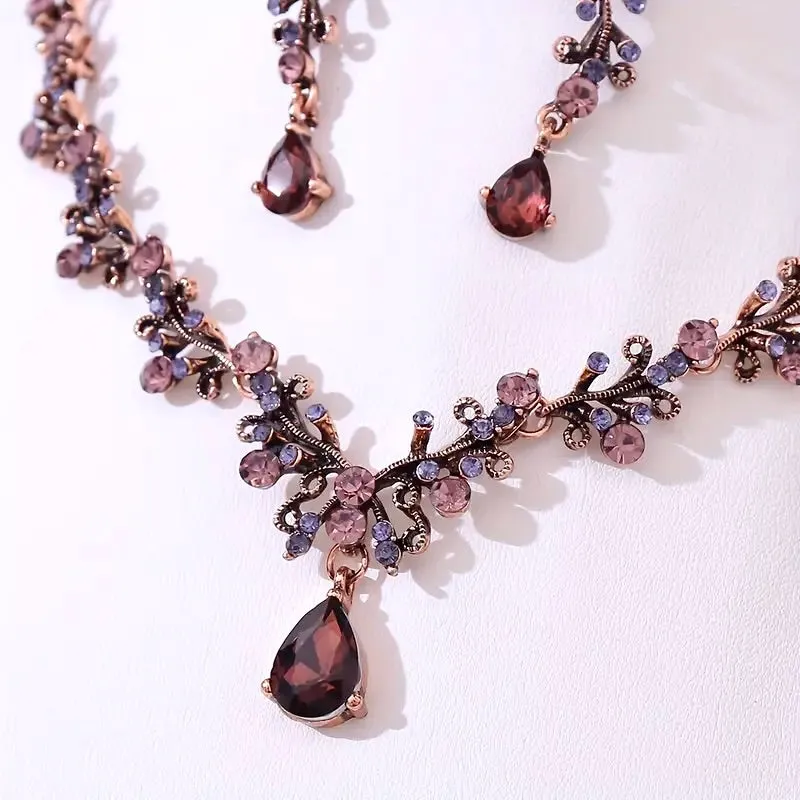 "Elowen" - Burgundy 3-Piece Bridal Jewelry Set With Tiara