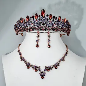 "Elowen" - Burgundy 3-Piece Bridal Jewelry Set With Tiara