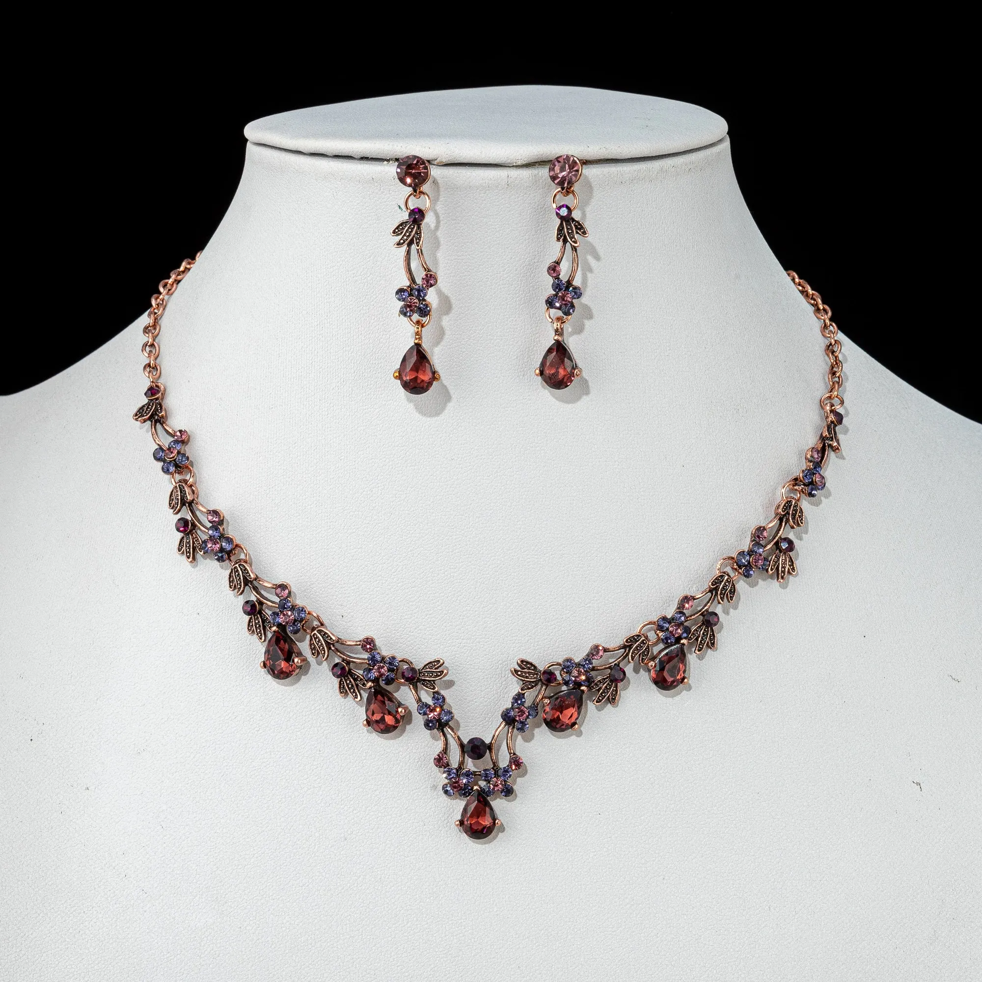 "Elowen" - Burgundy 3-Piece Bridal Jewelry Set With Tiara