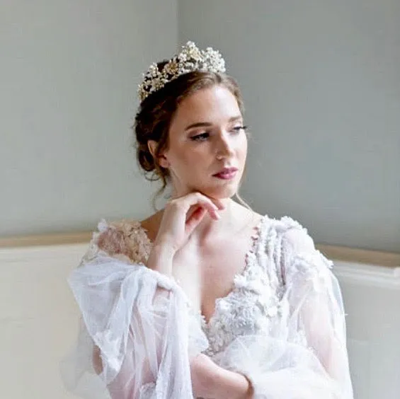 "Estelle" - Gold Pearl and Cubic Zirconia Bridal Tiara