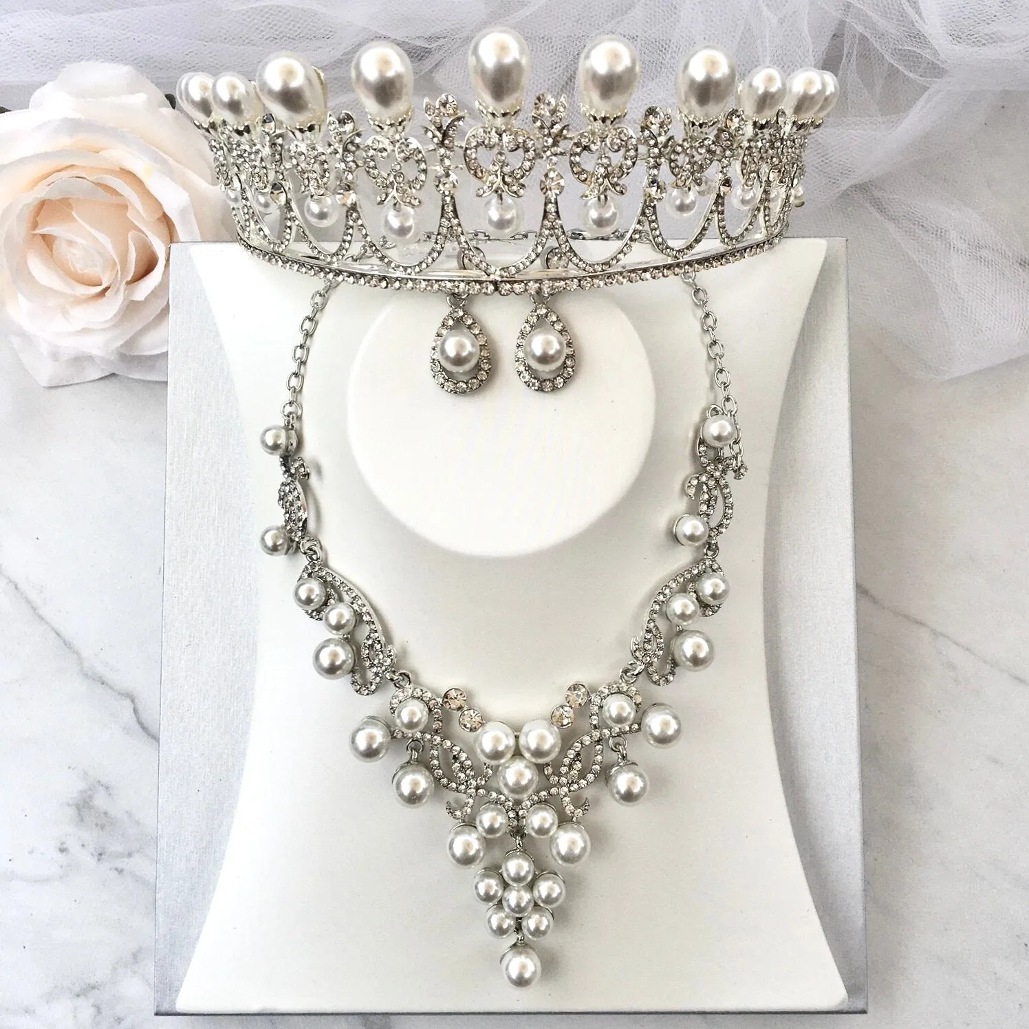 "Myla" - Pearl 3-Piece Bridal Jewelry Set With Tiara