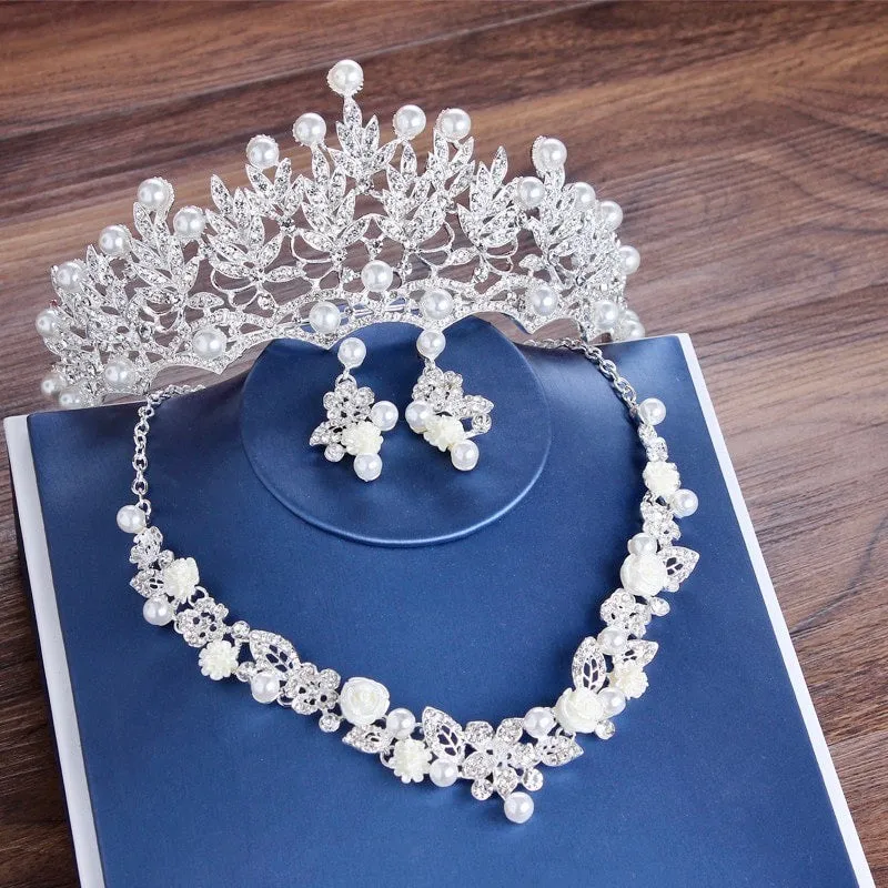 "Tosca" - Pearl and Crystal 3-Piece Bridal Jewelry Set With Tiara