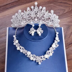 "Tosca" - Pearl and Crystal 3-Piece Bridal Jewelry Set With Tiara