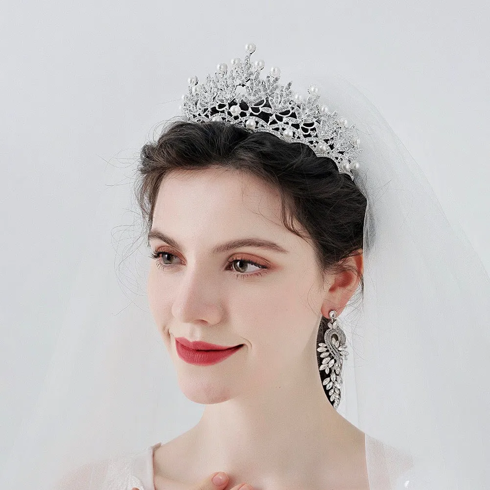 "Tosca" - Pearl and Crystal 3-Piece Bridal Jewelry Set With Tiara