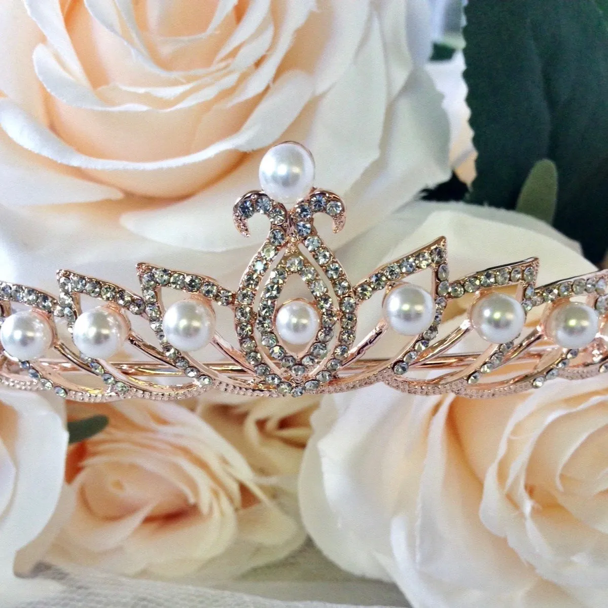 "Tracy" - Wedding Pearl and Cubic Zirconia Tiara - Available in Silver and Rose Gold