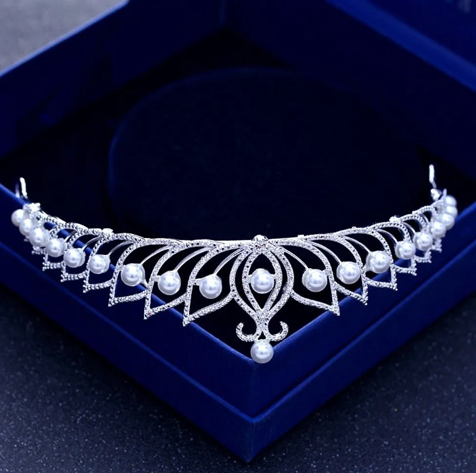 "Tracy" - Wedding Pearl and Cubic Zirconia Tiara - Available in Silver and Rose Gold