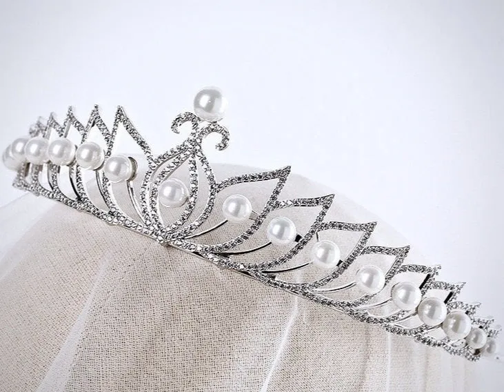 "Tracy" - Wedding Pearl and Cubic Zirconia Tiara - Available in Silver and Rose Gold
