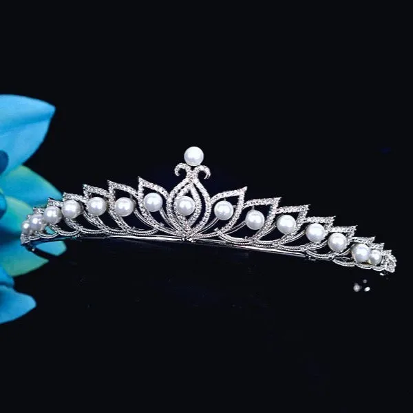 "Tracy" - Wedding Pearl and Cubic Zirconia Tiara - Available in Silver and Rose Gold