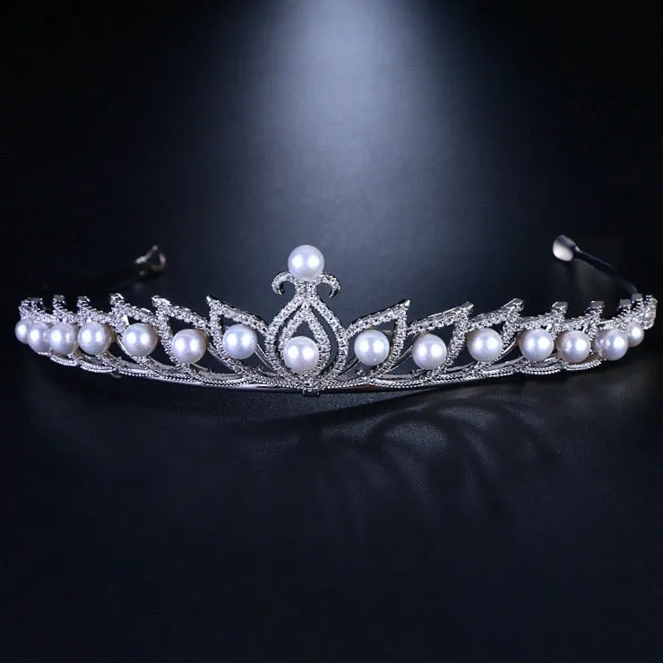 "Tracy" - Wedding Pearl and Cubic Zirconia Tiara - Available in Silver and Rose Gold