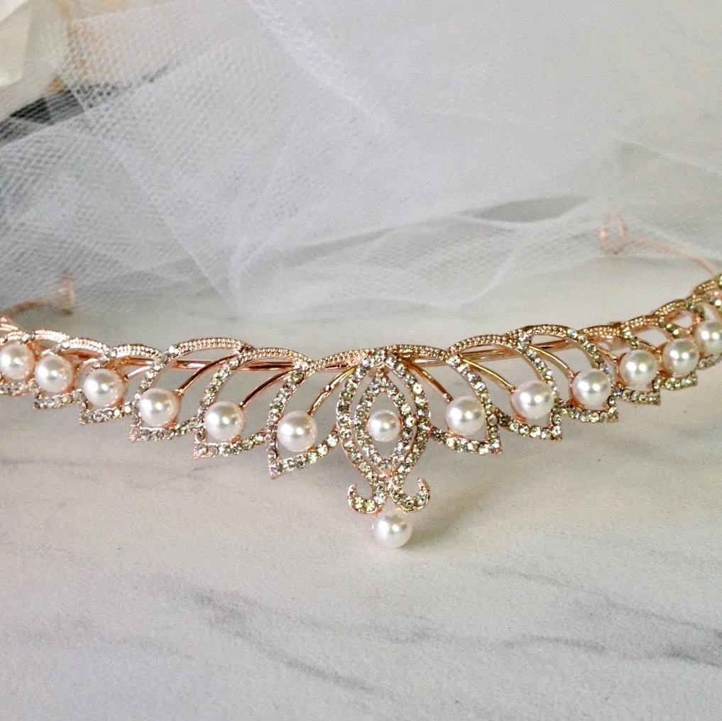 "Tracy" - Wedding Pearl and Cubic Zirconia Tiara - Available in Silver and Rose Gold