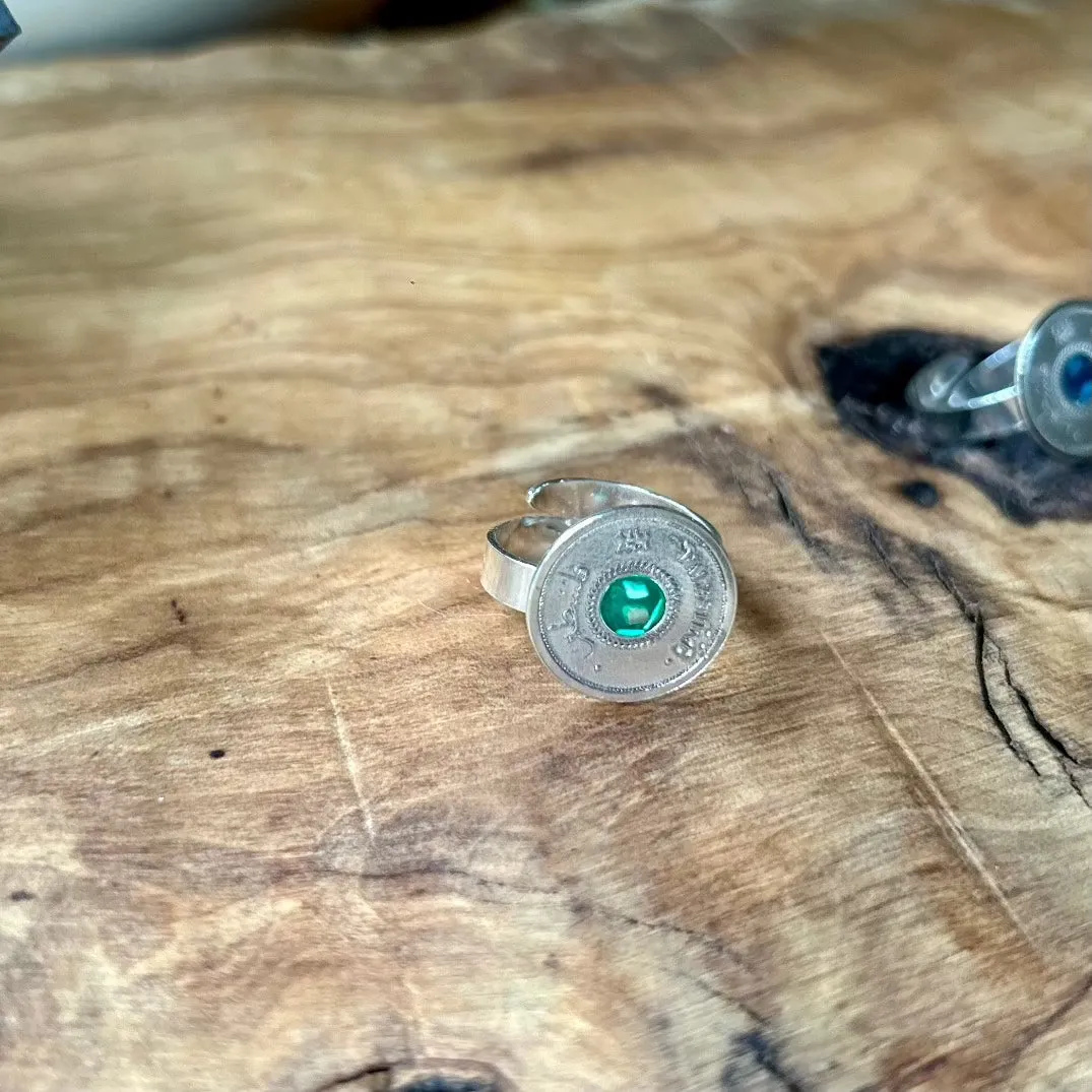 Ring with Palestinian Coin Adjustable | Sterling Silver | Set With Stones from Palestinian Cities