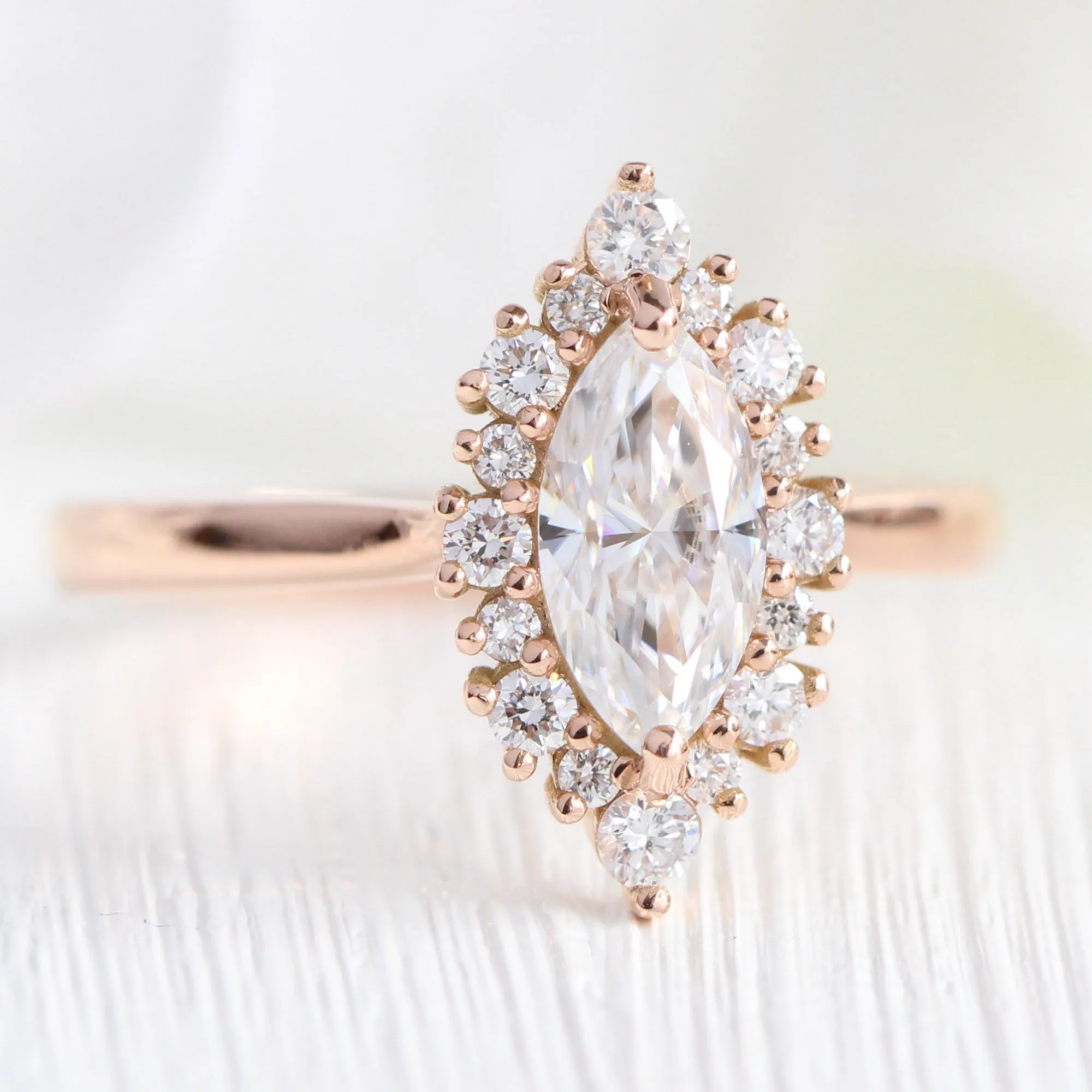 Tiara Halo Marquise Tapered Ring Set w/ Moissanite and Tiara Diamond V Shaped Band
