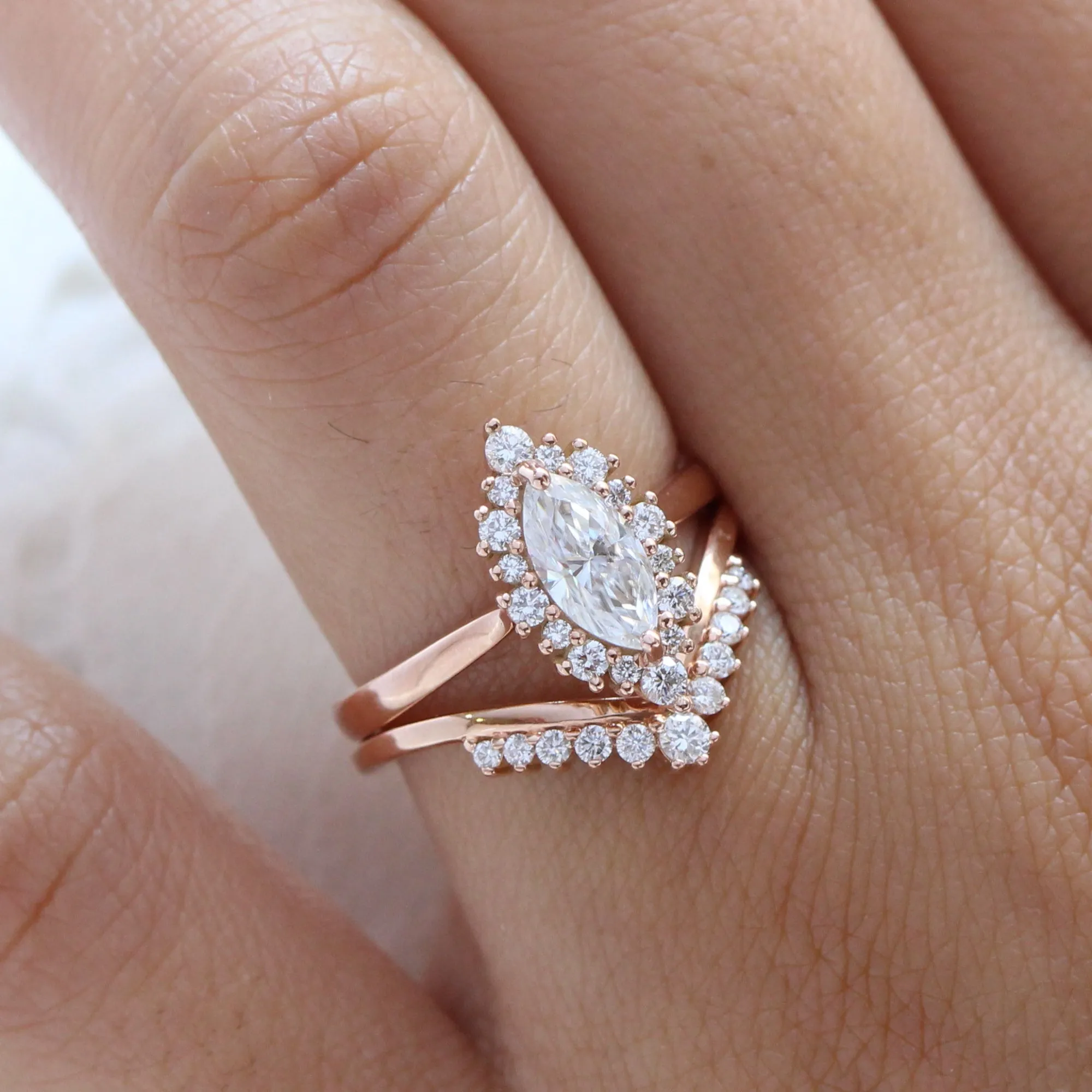 Tiara Halo Marquise Tapered Ring Set w/ Moissanite and Tiara Diamond V Shaped Band