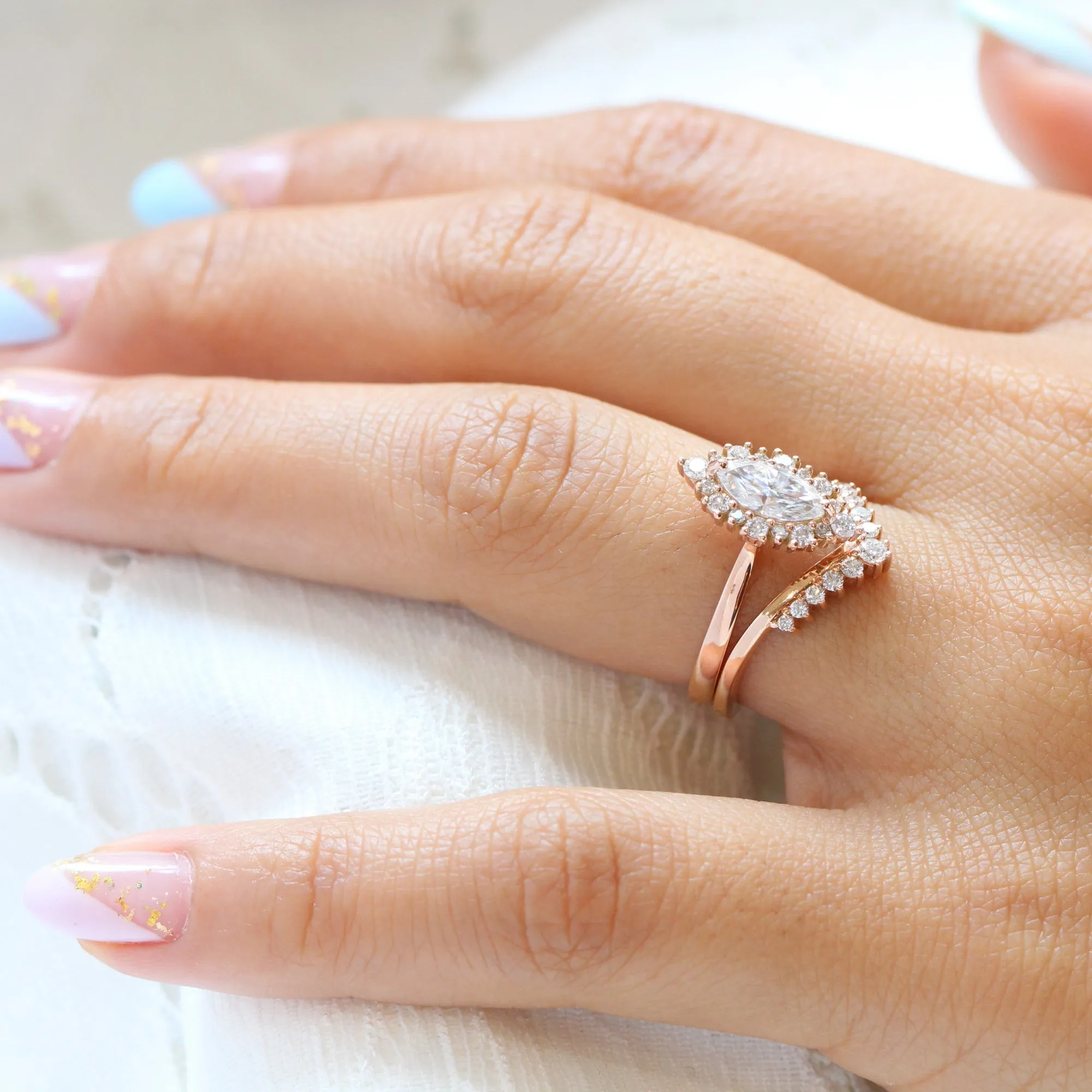 Tiara Halo Marquise Tapered Ring Set w/ Moissanite and Tiara Diamond V Shaped Band