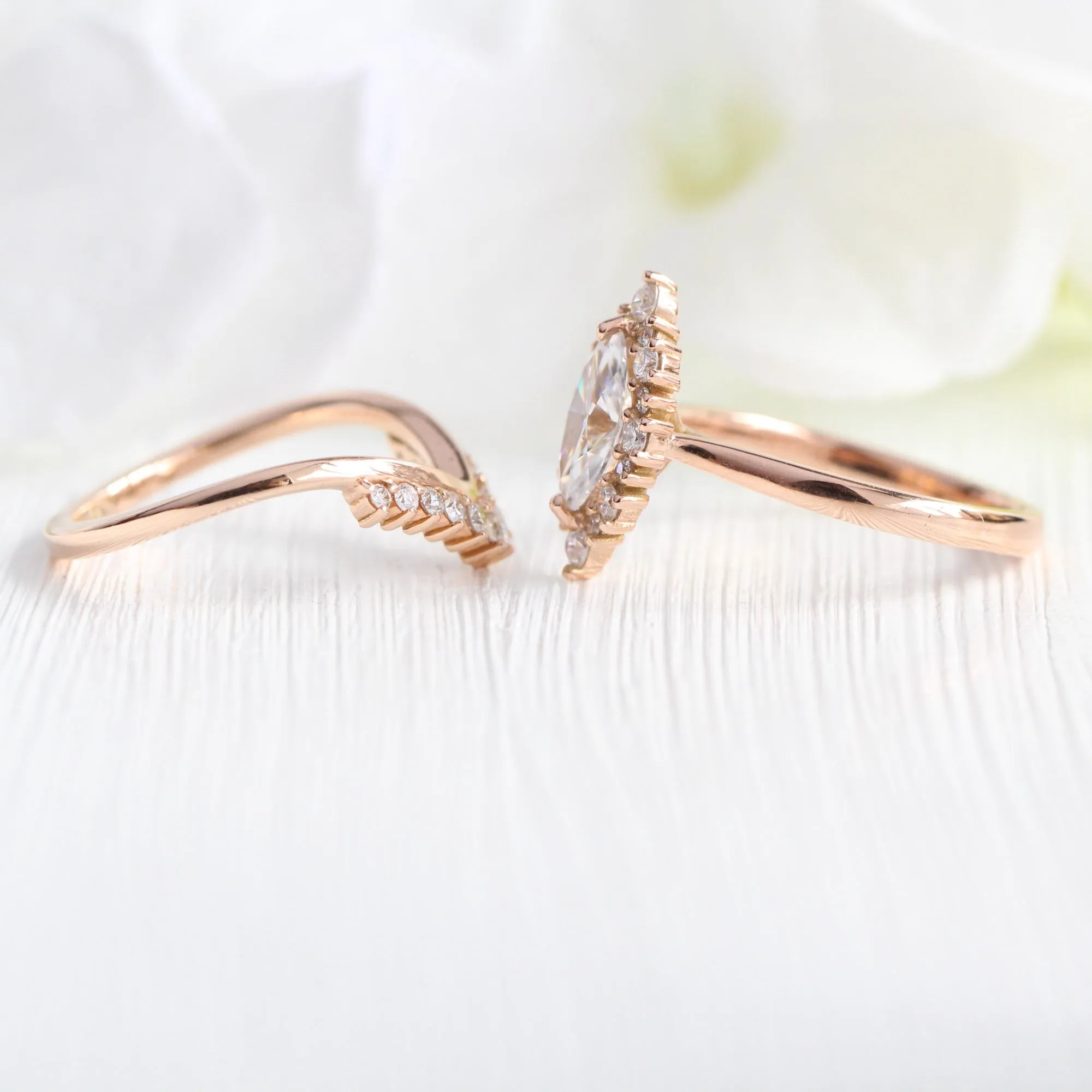 Tiara Halo Marquise Tapered Ring Set w/ Moissanite and Tiara Diamond V Shaped Band