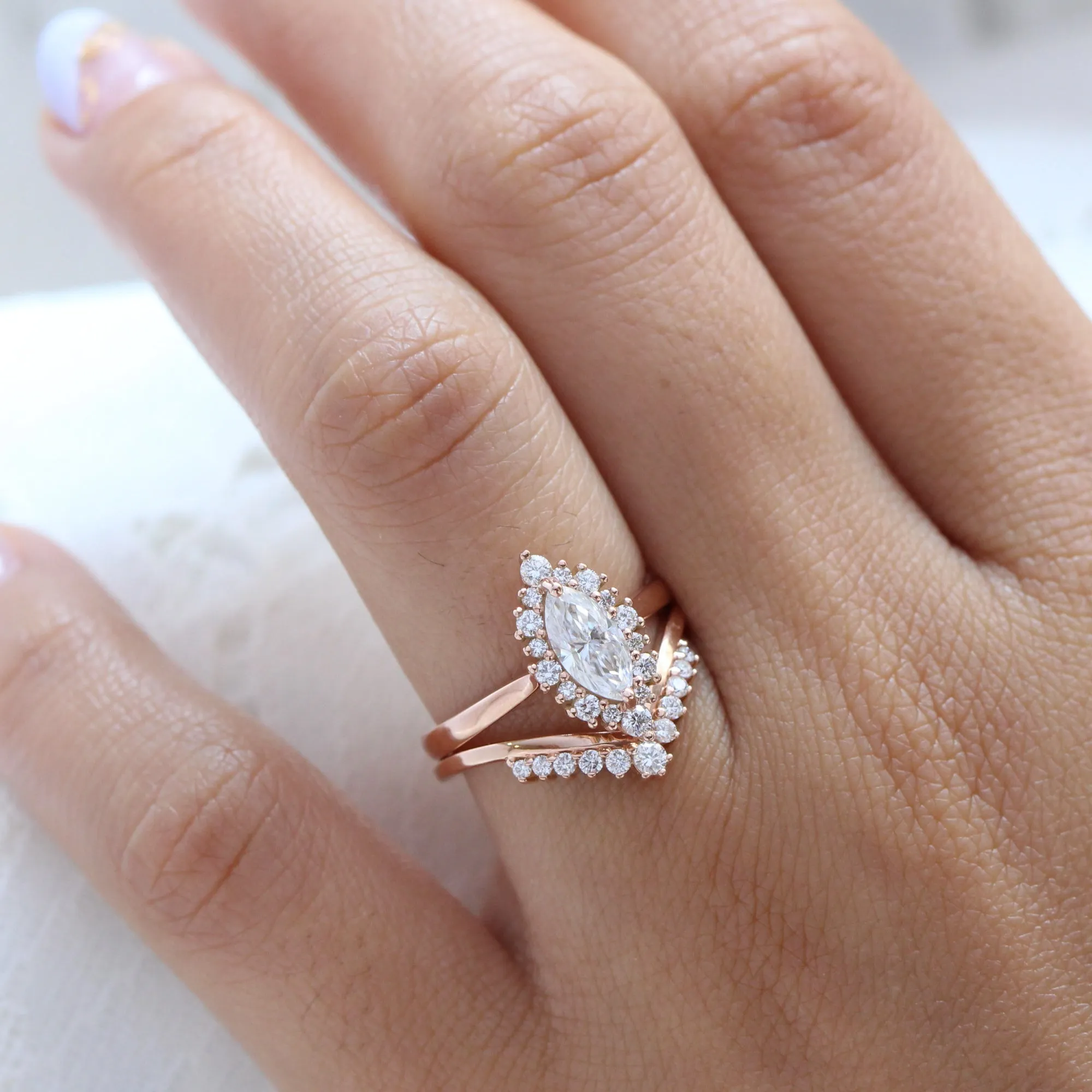 Tiara Halo Marquise Tapered Ring Set w/ Moissanite and Tiara Diamond V Shaped Band
